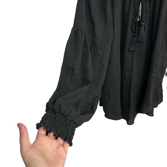 R/C The Brand Black Boho Peasant Top Small Balloon Sleeve Tassel Tie - Picture 3 of 8